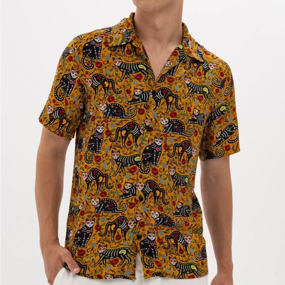 Black Cat Dia de Los Muertos Short Sleeve Button Down, XXL, Halloween Novelty - Picture 1 of 8